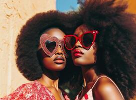 ai generado negro mujer con largo afros vistiendo rojo corazón conformado Gafas de sol foto