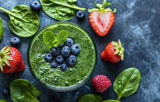 ai generado verde zalamero con espinaca, plátanos, arándanos, y fresas foto