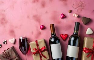 AI generated four valentines gifts with gifts, wine and candy on pink background photo