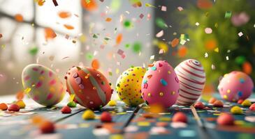 AI generated easter eggs and candy confetti falling on the tabletop photo