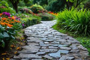 AI generated Stone walk path in the garden. photo