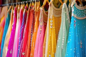 AI generated Hanging beautiful indian dresses different colors and decoration at market, shop, boutique, bazaar, fashion clothes designer collection photo