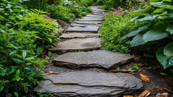 AI generated Stone walk path in the garden. photo