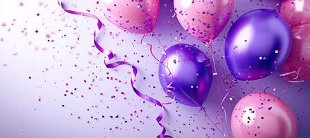 ai generado púrpura y rosado metálico globos, papel picado y cintas festivo tarjeta para cumpleaños fiesta, aniversario, nuevo año o otro eventos. foto