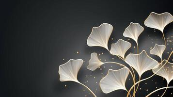 AI generated Abstract luxury art background with ginkgo leaves in gold line art style. Botanical banner for decoration design photo