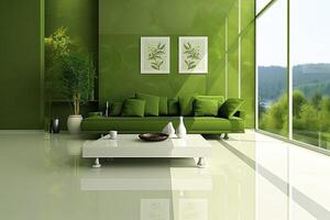 AI generated Modern green living room design with sofa and furniture with flowers. photo