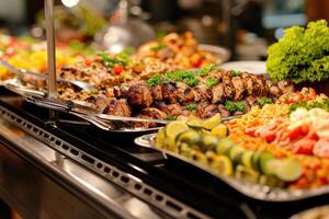 AI generated Catering buffet food indoor in restaurant with grilled meat. photo