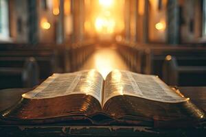 ai generado abierto santo Biblia libro con brillante luces en Iglesia foto