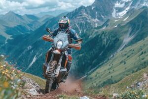 ai generado un equipado motociclista hace un carrera en un montañoso paisaje. el concepto de automovilismo foto