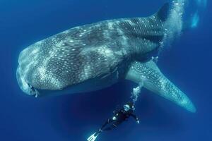 ai generado escafandra autónoma buzo nadando con un ballena tiburón en el azul Oceano foto