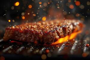 AI generated Beef steaks sizzling on the grill in flames on a black background photo