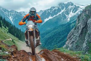 ai generado un equipado motociclista hace un carrera en un montañoso paisaje. el concepto de automovilismo foto