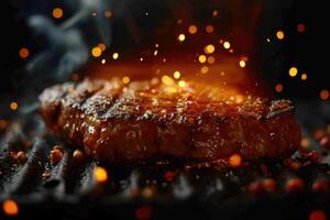 AI generated Beef steaks sizzling on the grill in flames on a black background photo
