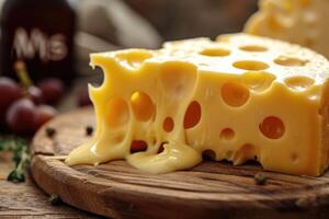 AI generated Delicious fresh cheese with holes on the kitchen board photo