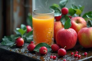 AI generated apple juice is fresh and healthy, and fresh apples are lying on the table next to it photo