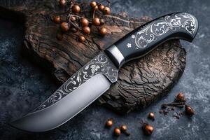 AI generated One Stylish Damascus steel kitchen knife on a wooden board photo