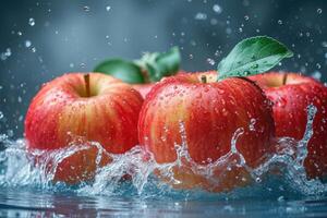 AI generated The red apples fell into the water . Splash of water photo