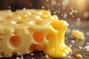 ai generado delicioso Fresco queso con agujeros en el cocina tablero foto