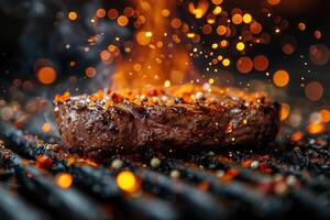 AI generated Beef steaks sizzling on the grill in flames on a black background photo