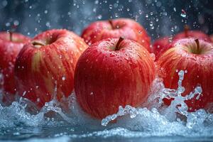 AI generated The red apples fell into the water . Splash of water photo