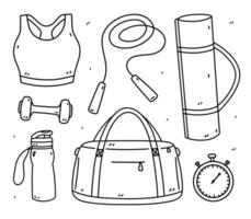 Set of fitness doodles - dumbbells, jump rope, yoga mat, sport bag, water bottle, stopwatch. Sports equipment. Vector hand-drawn illustration isolated on white background. Healthy lifestyle.