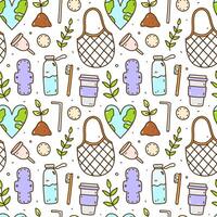Cute seamless pattern with recycle and reusable products - glass water bottle, coffee cup, mesh bag, textile pads and cotton pads, menstrual cup and others. Zero waste,Save the Planet, ecology concept vector