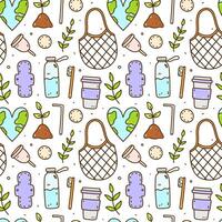 Cute seamless pattern with recycle and reusable products - glass water bottle, coffee cup, mesh bag, textile pads and cotton pads, menstrual cup and others. Zero waste,Save the Planet, ecology concept vector