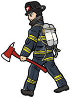 dibujos animados bombero en engranaje con hacha caminando png