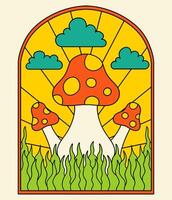 Groovy poster 70s. Cartoon psychedelic landscape. Vector illustration