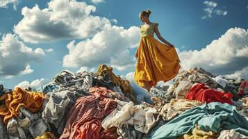 ai generado mujer en Moda vestir en el grande pila apilar de textil tela ropa y zapatos. global clima cambiar, Moda industria contaminación, sustentabilidad y reutilizar concepto foto