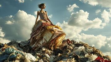AI generated Woman in fashion dress on the large pile stack of textile fabric clothes and shoes. Global climate change, fashion industry pollution, sustainability and reuse concept photo