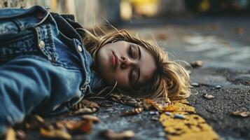 AI generated Young girl addicted to opiates lying on the street - modern fentanyl epidemic concept photo