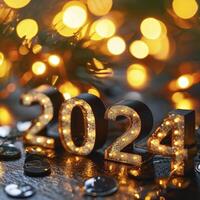 ai generado contento nuevo año 2024 en bokeh antecedentes foto