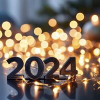 ai generado contento nuevo año 2024 en bokeh antecedentes foto