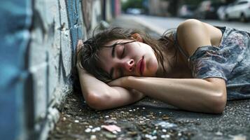AI generated Young girl addicted to opiates lying on the street - modern fentanyl epidemic concept photo