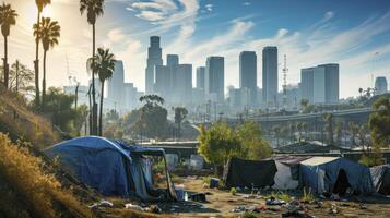 ai generado refugiado acampar abrigo para Vagabundo en frente de los angeles ciudad horizonte foto