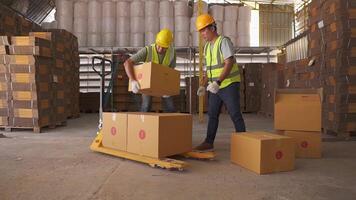 lavoratore scarico cartone scatole su mano in linea ordini, acquisti, e-commerce merce. la logistica distribuzioni magazzino. video