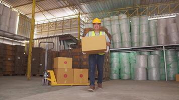 Asia trabajador participación cartulina caja sonriente felizmente y mirando a cámara mientras haciendo Envío y entregas.carton cajas, trabajadores escanear y ordenar paquetes.producto distribución logística centro. video