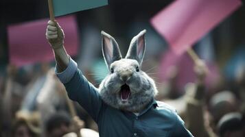 ai generado un Conejo levantamiento puño arriba para su lucha en el calle foto