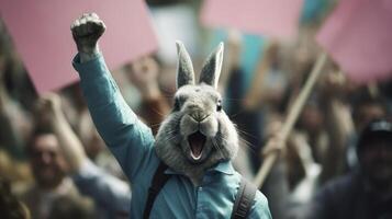 AI generated A rabbit raising fist up for his fight in the street photo
