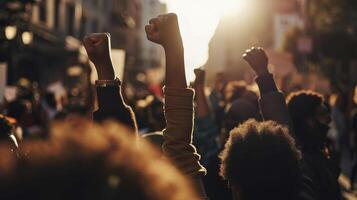 AI generated African American people in a crowd fighting and protesting in the street with raised fists against racism and racial discrimination, for change, freedom, justice and equality, photo