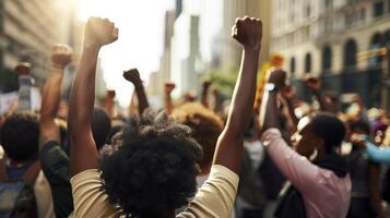 AI generated African American people in a crowd fighting and protesting in the street with raised fists against racism and racial discrimination, for change, freedom, justice and equality, photo