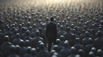 AI generated A man in business attire, standing with a look of quiet resolve amidst a sea of faceless, uniform figures. Individuality versus conformity concept photo