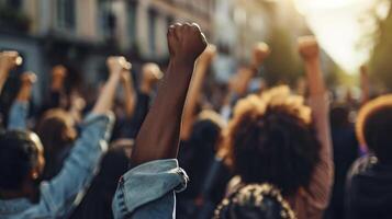 AI generated African American people in a crowd fighting and protesting in the street with raised fists against racism and racial discrimination, for change, freedom, justice and equality photo