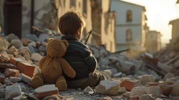 AI generated Unrecognizable kid affected by war, child with teddy bear alone in the middle of earthquake or bomb explosion destruction, sad little boy in destroyed city with a toy photo