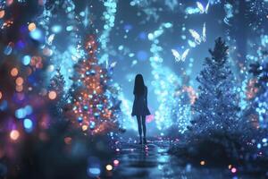 AI generated A sparkling world in neon colors of a blue shade, a thin girl stands in the center and neon butterflies circle her. photo