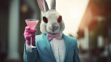 ai generado un Conejo participación arriba un vaso de vino en el fiesta. foto