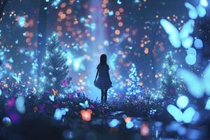 AI generated A sparkling world in neon colors of a blue shade, a thin girl stands in the center and neon butterflies circle her. photo