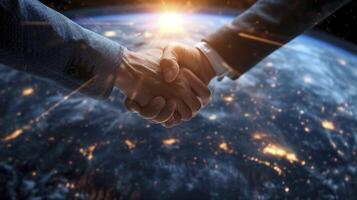 AI generated Closeup Shake hand with high technology and earth background photo