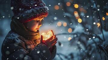 AI generated A child holding a glowing heart in a snowy night. Concept of kindness and help photo